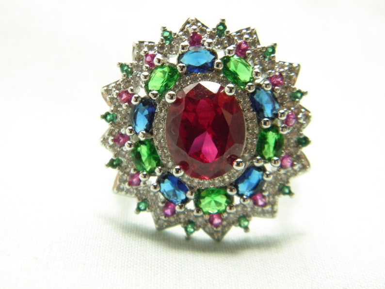 SALE Sterling Silver Ruby Diamond Cluster Ring Band Huge Statement Vintage Solid 925 Size U 10.25