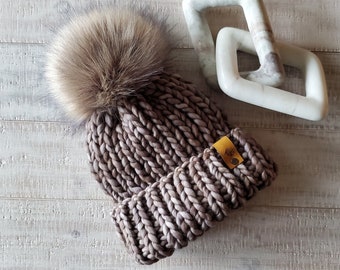 Premium Folded Brim Women's Merino Wool Pom Pom Hat in Monochromatic Perfect Greige...One Of A Kind Colorway