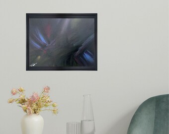 May include: Abstract painting in a black frame. The artwork features brushstrokes of blue, red, and green against a dark background. A white vase with pink flowers, a glass of water, and a clear bottle are on a table.