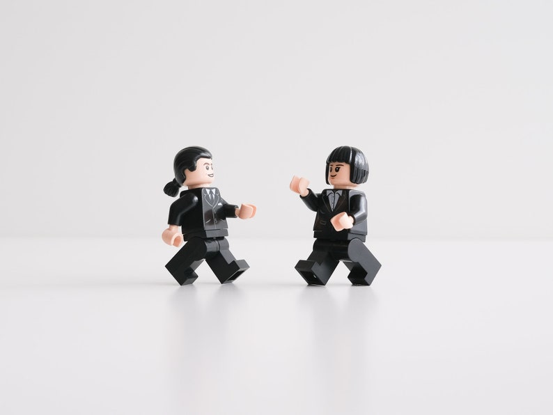 Pulp Fiction Mia, Vincent, Jules and 'The Wolf' - set of 4 custom assembly minifigures from genuine LEGO® parts