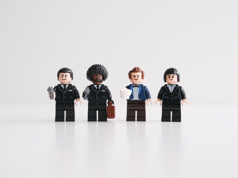 Pulp Fiction Mia, Vincent, Jules and 'The Wolf' - set of 4 custom assembly minifigures from genuine LEGO® parts