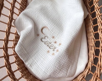 White muslin blanket Baptism blanket, Baby muslin swaddle solid color swaddle, Personalized christening gift, New baby gift