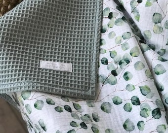 Baby waffle blanket Swaddle muslin blanket Neutral gender blanket Old green blanket Baby shower gift Personalized swaddle, New mom gift