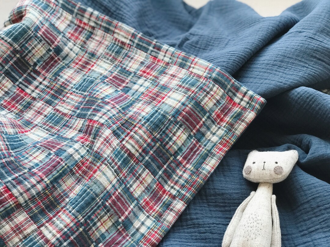 Plaid Muslin Blanket for Kids, Blue Muslin Throw Toddler Gift, Soft