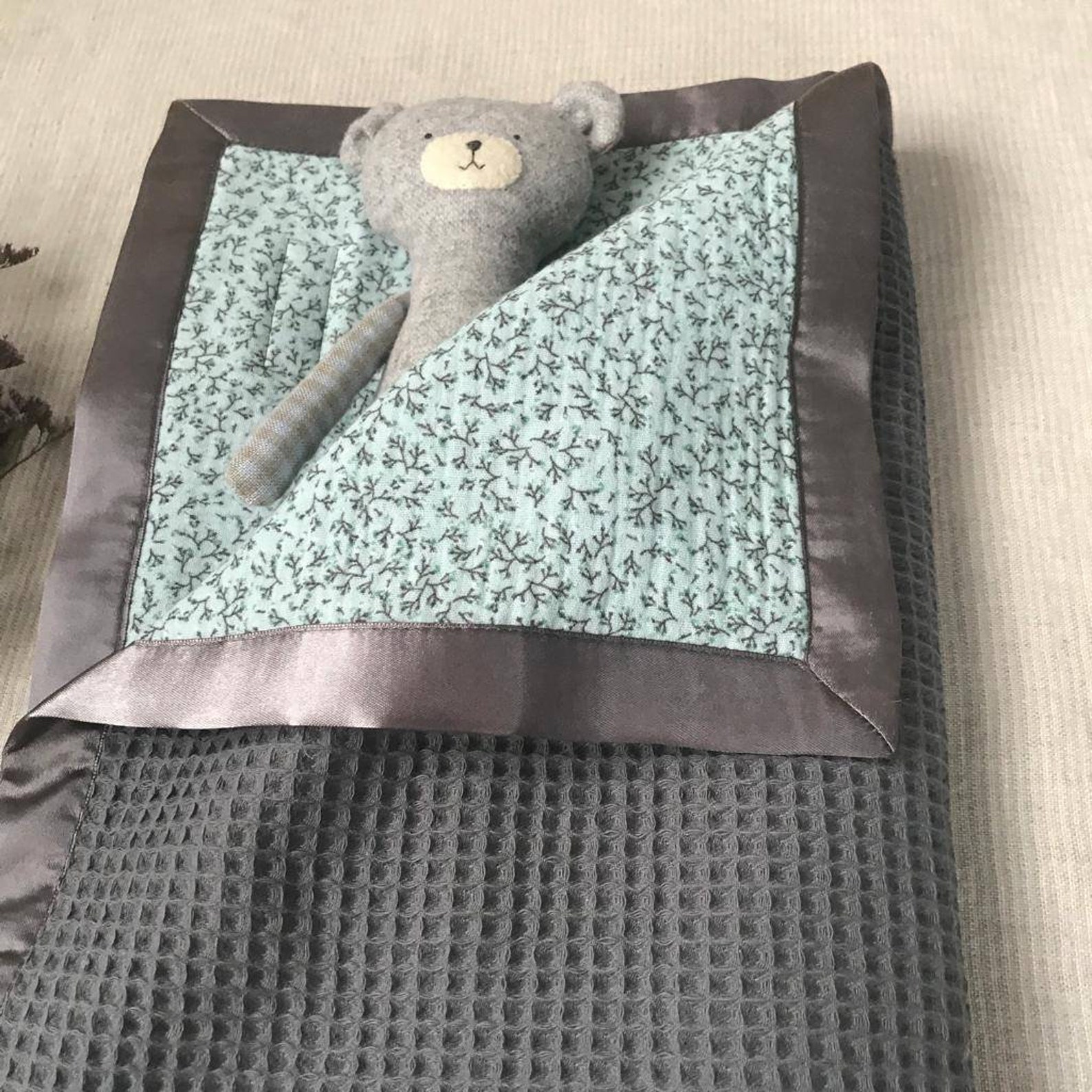 Baby waffle blanket Satin edge blanket Neutral gender swaddle Etsy