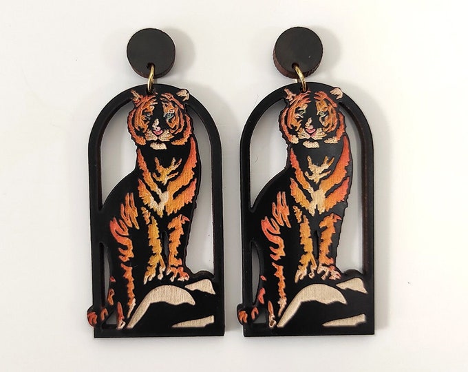 Tiger Wooden Earrings: Boho Tropical Jewelry