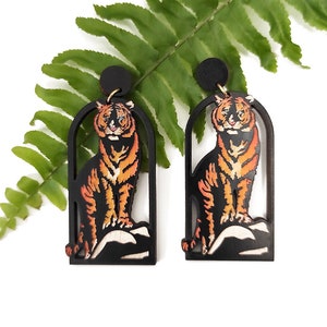 Hand-Painted Tiger Wooden Earrings: Boho Tropical Jewelry