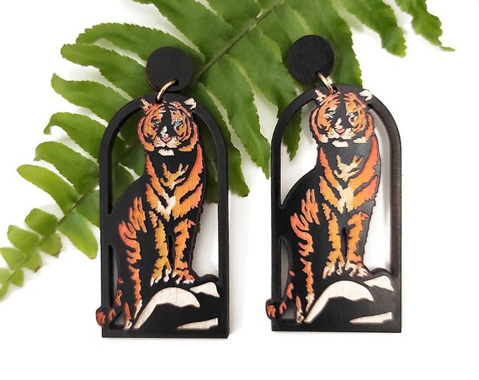 Tiger Drop Earrings, Tiger Earrings, Tiger in Mountain, Yellow Tiger Earrings, Tropical Earings, Boho Earrings, Gift for Her, BK 127
