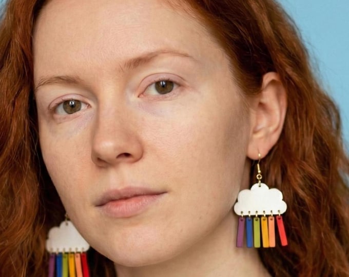 Cloud Rainbow Wooden Earrings, White Cloud Earrings, Rainbow Earrings Earrings: Hand-Painted Dangle Earrings