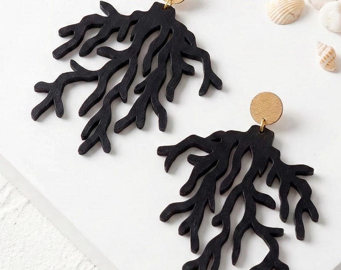 Black Coral Branch Earrings, Statement Earrings, Abstract Nature Jewelry