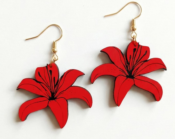 Lily Flower Drop Earrings, Red Flowers Earrings, Flowers Jewelry, Wooden Jewelry, Handmade Earrings, Pink Earrings
