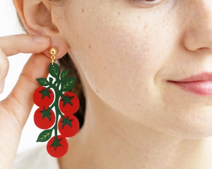 Red Tomato Earrings, Dangle Drop Statement Earrings, Food and Vegetable Jewelry, Vegan Gift