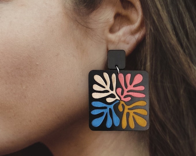 Matisse Inspired Wooden Drop Earrings, Art Inspired Jewelry, Hand Painted Drop Earrings, Matisse Cut Outs Earrings, BK129