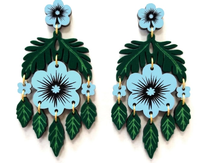 Blue Floral Dangle Earrings, Botanical Wood Statement Jewelry, Boho-Chic Style