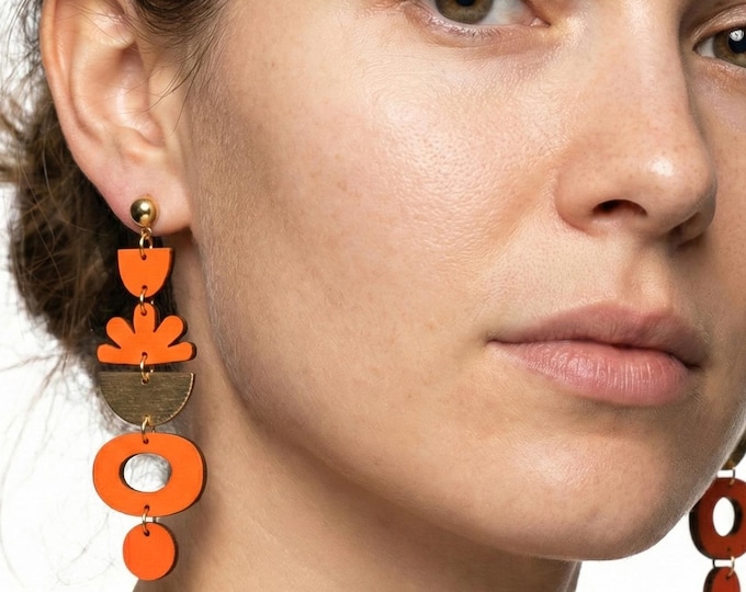 Henri Matisse Inspired Blue Wooden Drop Earrings Art Jewelry