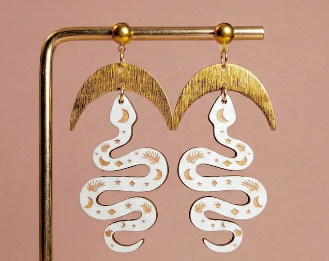 Snake Moon Wooden Earrings, Handmade Statement Earrings with Gold Details, Celestial Serpent Jewelry, Mystical Art Earrings