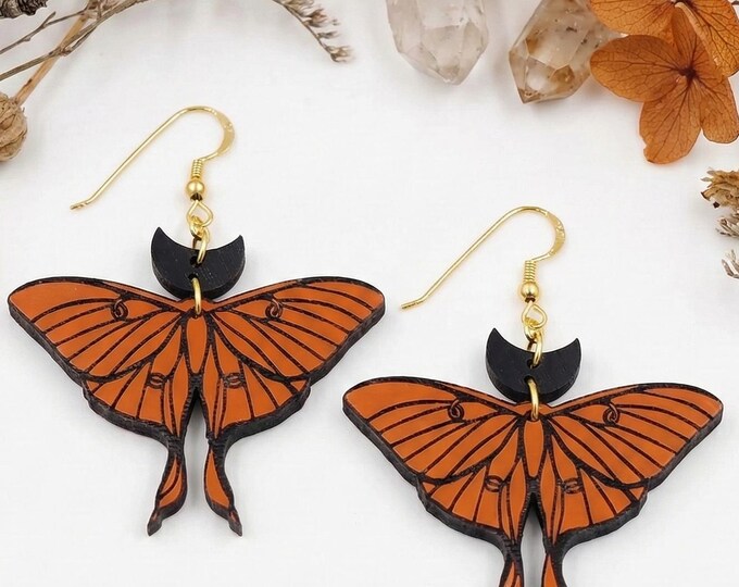 Moth Dangle Earrings, Orange Jewelry, Nature Statement