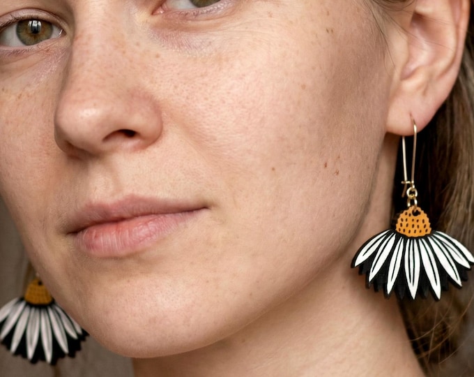 Daisy Flower Drop Earrings, Wooden Jewelry