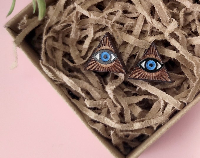 All Seeing Eye Stud Earrings: Hand-Painted Birch Wood