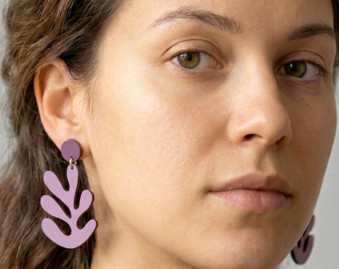 Purple Matisse Inspired Wooden Drop Earrings, Purple Earrings, Art Inspired Jewelry, Eco friendly