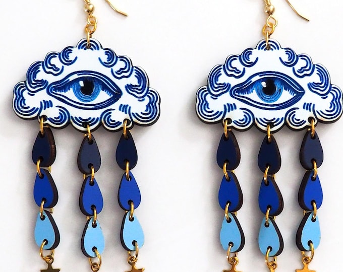 Eye Cloud With Drops Dangle Earrings: Hand-Painted Birch Wood, Sterling Silver Hooks