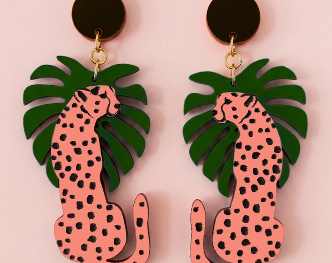 Leopard Wooden Earrings, Handmade Jungle Statement Earrings with Tropical Leaves, Colorful Animal Jewelry, Lightweight Bold Earrings