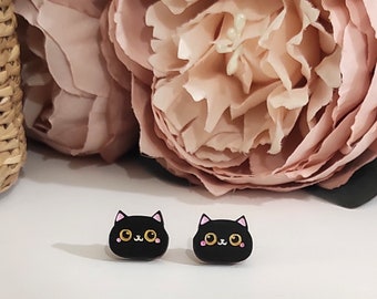 Pendientes de tuerca de gato negro Kawaii, joyería de madera, pendientes de gato negro, pendientes de tuerca de gato lindo, pendientes de gato divertidos, respetuosos con el medio ambiente, SBK20