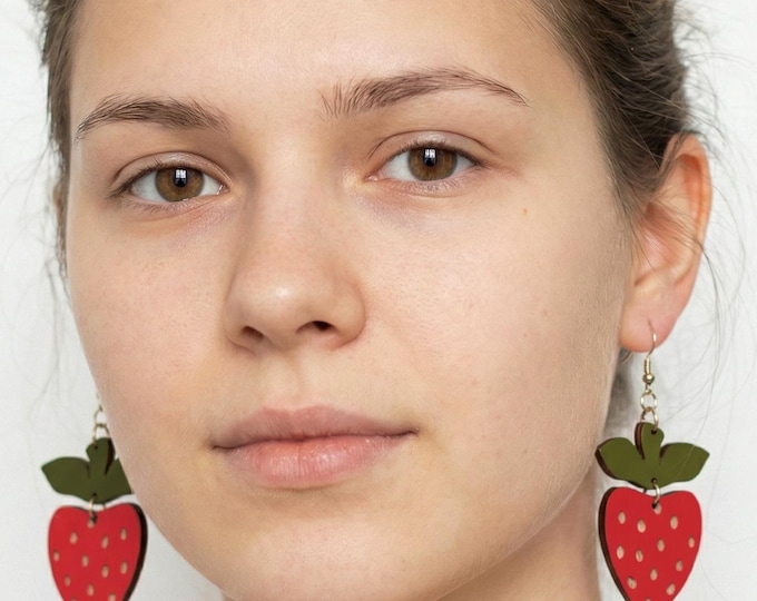 Strawberry Earrings, Cute Fruit Dangle Earrings, Red Strawberry Jewelry, Fun Summer Earrings, Handmade Statement Earrings