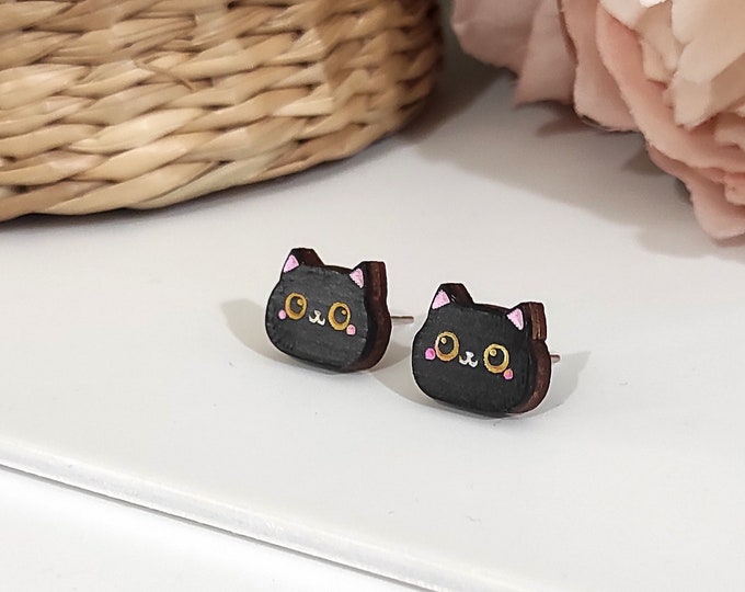 Kawaii Black Cat Stud Earrings, Wooden Jewelry, Black Cat Earrings, Cute Cat Stud Earrings, Funny Cat Earrings, Eco friendly