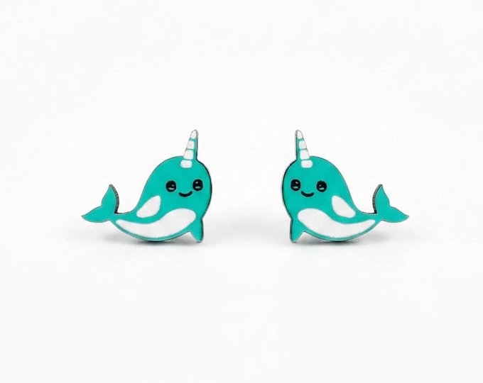 Narwhal Stud Earrings Wooden Whale, Hypoallergenic
