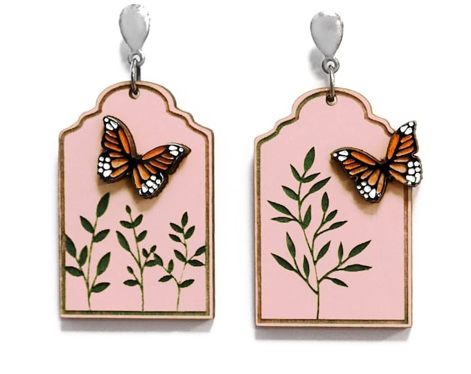 Butterfly Drop Earrings, Hand-Painted Wooden Earrings,Boho Earrings, Monarch Butterfly