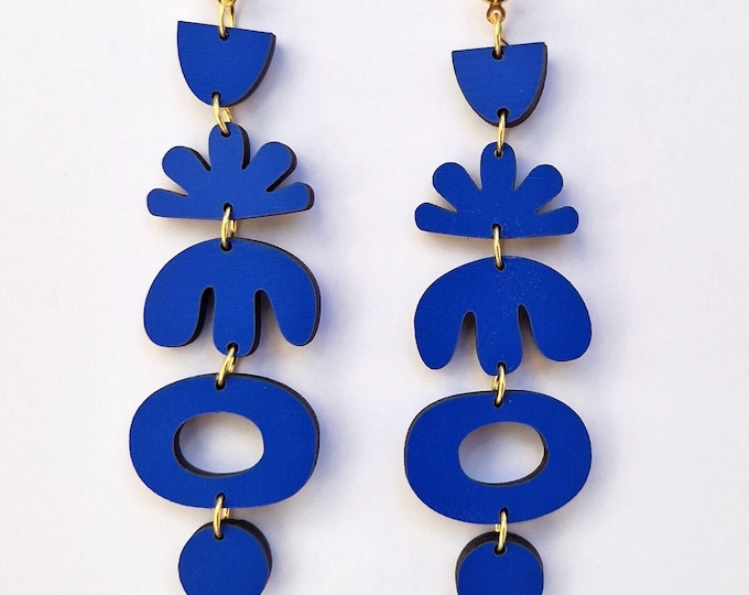 Henri Matisse Inspired Blue Wooden Drop Earrings: Art Jewelry