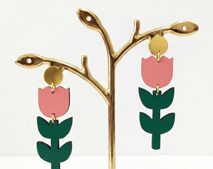 Tulip Flower Earrings, Floral Dangle Earrings, Pink and Green Jewelry, Spring Statement