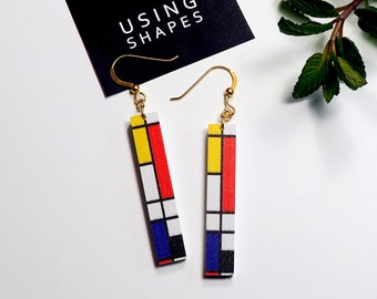 Artist Inspired Glass Earrings Mondrian Style Glass Earrings Art Glass Asymmetrical Design Artsy Studs Bold Primary Colors