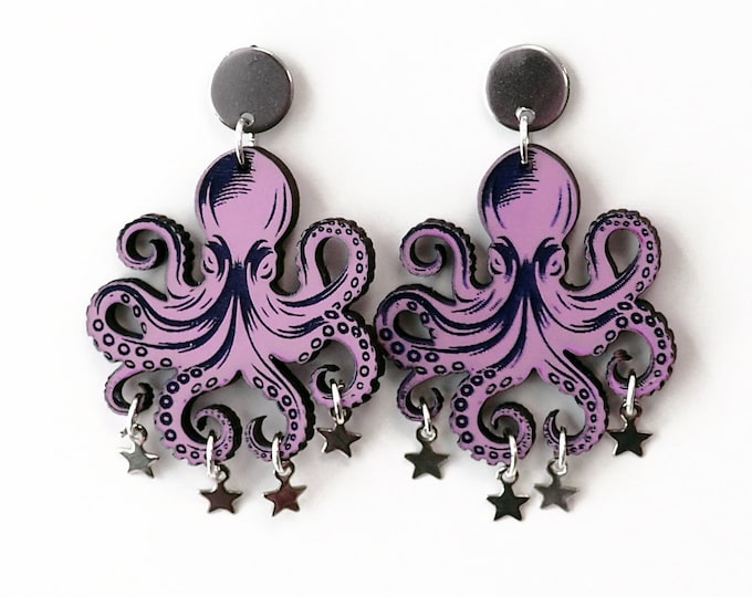 Octopus With Stars Dangle Earrings, Octopus Jewelry, Octopus Earrings, Purple Octopus Earrings, Sea Life, Sea Creature, PU02