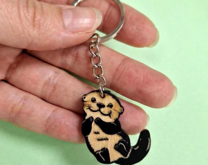 Otter Keychain, Wooden Key ring, Animal Lover Gift Backpack Charm