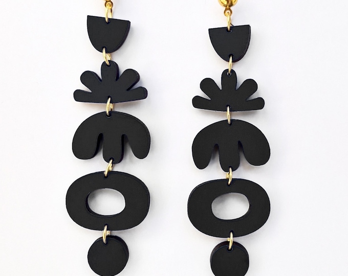 Long Drop Earrings, Matisse Inspired Black/Blue Wooden Drop Earrings, Lightweight Earrings