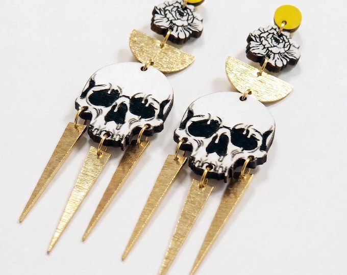 Skull Statement Earrings, Gothic Dangle Earrings, Gold and Black Jewelry, Bold Halloween