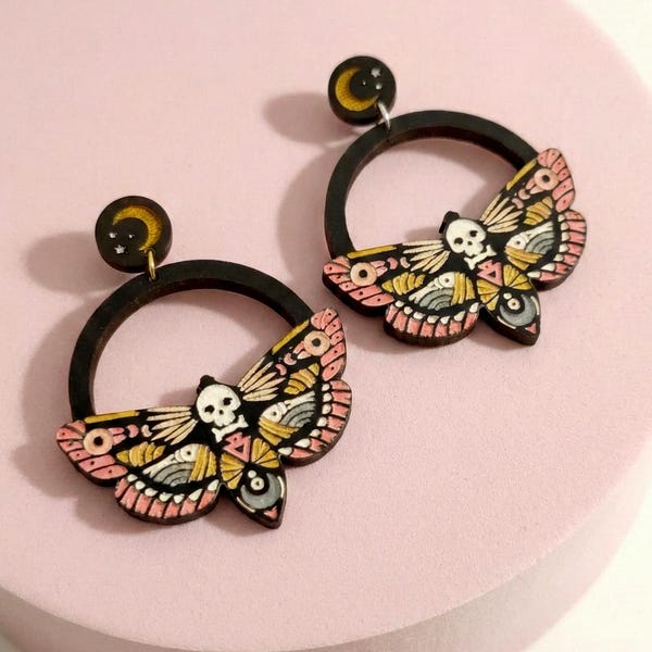Pendientes de polilla Deadhead: Joyería de madera con temática de brujas para Halloween