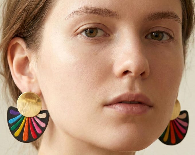 Hand-Painted Wooden Earrings | Colorful Statement Earrings | Rainbow Fan Design | Lightweight Acrylic Jewelry | Gold Stud Earrings