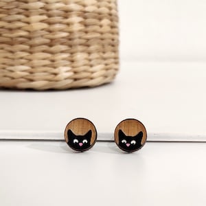 Black Cat Stud Earrings, Hand Painted Wooden Jewelry, Black Cat Earrings, Funny Cat Earings, Cute Cat Studs, Eco friendly