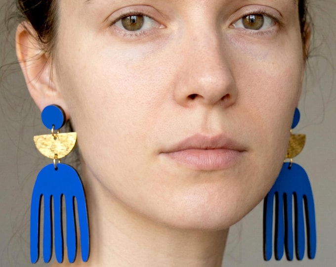 Blue Statement Wooden Earrings, Handmade Geometric Dangle Earrings with Gold Accents, Modern Minimal Jewelry