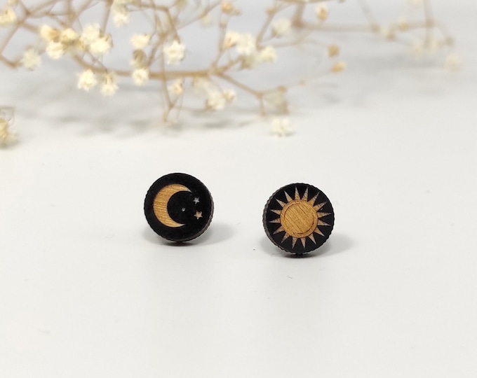 Sun and Moon Stud Earrings, Hand Painted Wooden Jewelry, Sun Earrings, Moon & Stars Earrings, Mystical Earrings, Eco friendly
