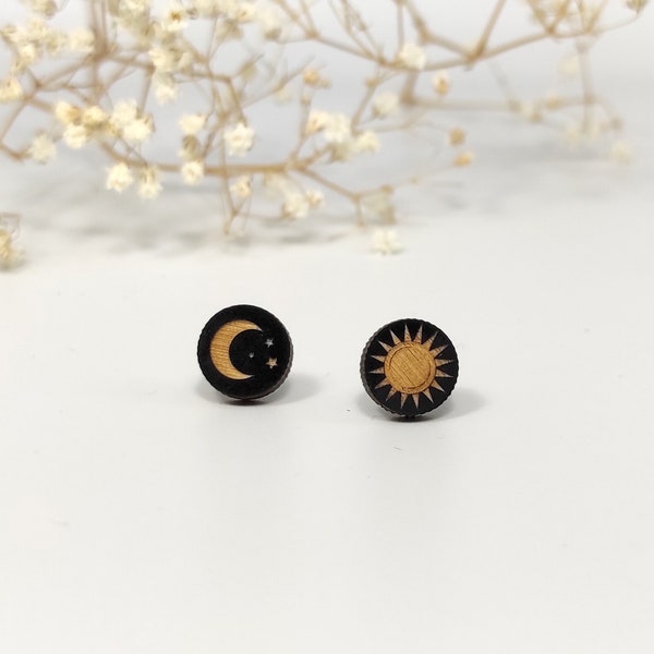 Sun and Moon Stud Earrings, Hand Painted Wooden Jewelry, Sun Earrings, Moon & Stars Earrings, Mystical Earrings, Eco friendly, SBK1