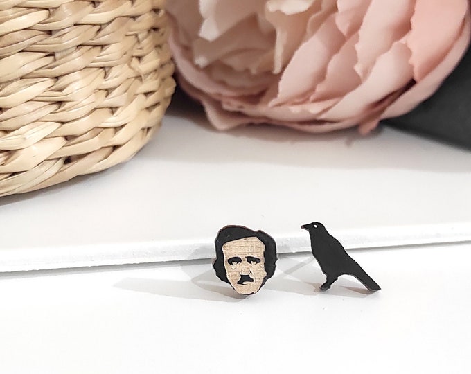 Edgar Allan Poe Stud Earrings, Allan Poe Stud Earrings, Halloween Jewelry, Book Lover Earring, Black Crow Earrings, Eco friendly