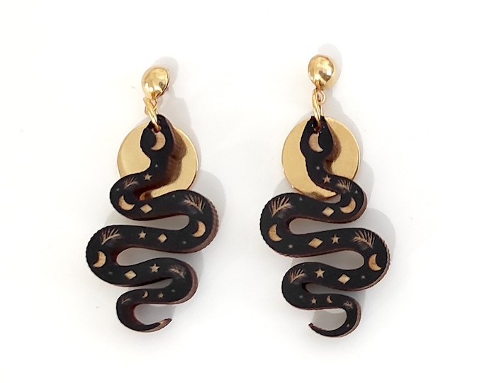Black Snake Drop Earrings, Wooden Jewelry, Snake Earrings, Mystical Dangle Earrings, Eco friendly
