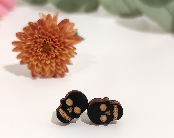 Black Skull Stud Earrings, Halloween Earrings, Skull Earrings, Wooden Earrings, Skull Studs, Small Earrings, Black Skull, Eco friendly