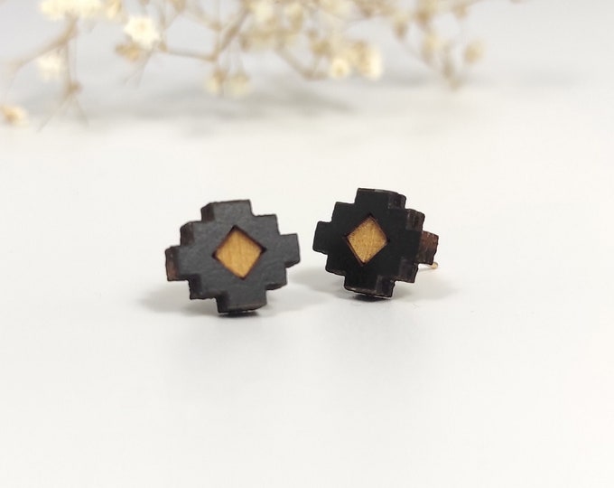 Aztec Style Stud Earrings, Aztec Stud Earrings, Geometrical Earrings, Hand Painted Wooden Jewelry, Wooden Stud Earrings, Eco friendly