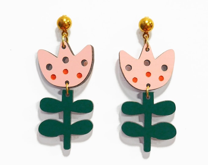 Pink Flower Drop Earrings, Wooden Earrings, Hypoallergenic