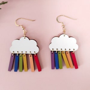 Cloud and Rainbow Drops Dangle Earrings, Colorful Cloud Drop Earrings, LGBT Earrings, Pride Earrings, Wooden Earrings, Eco friendly, WH04